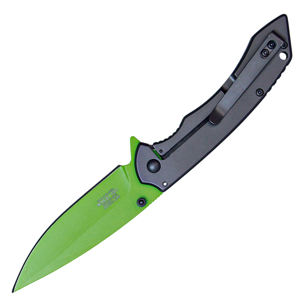 Assisted Open Folding Pocket Knife with Grey handle and Green Blade view 2